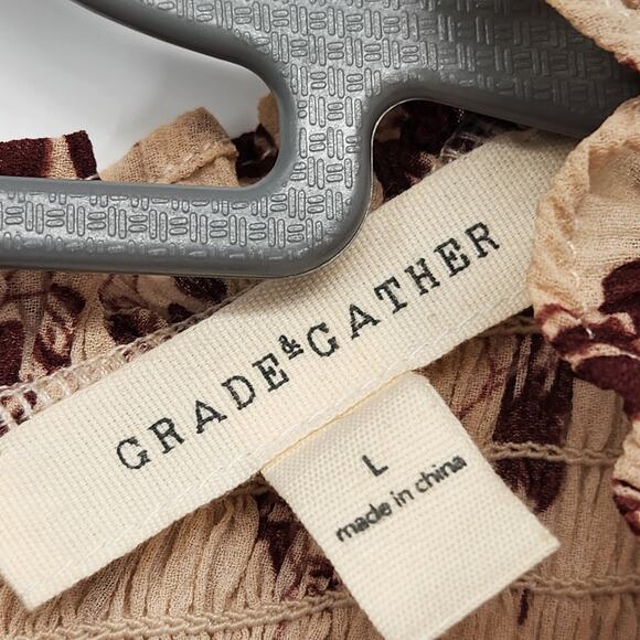 Grade & Gather Cream Floral Smocked Ruffle Long Balloon Sleeve Blouse Women L - Picture 3 of 9